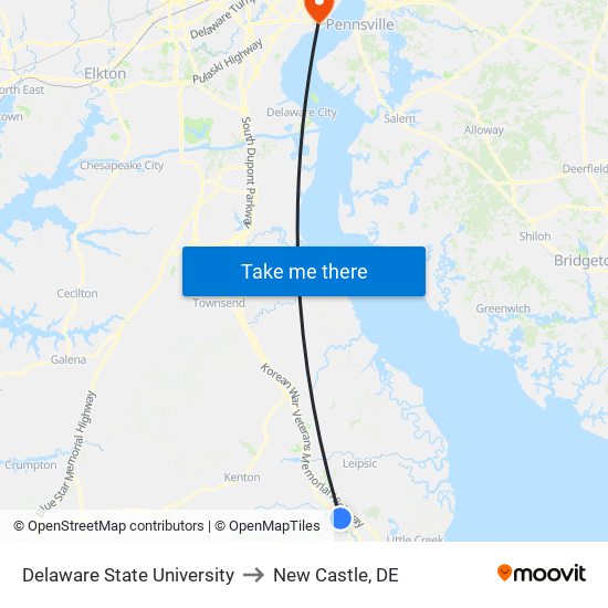 Delaware State University to New Castle, DE map