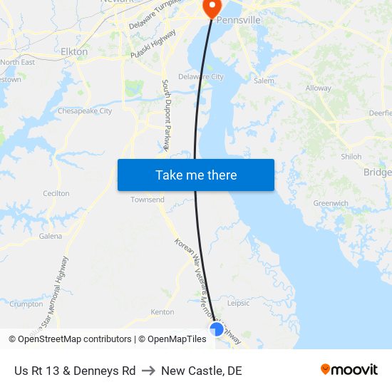 Us Rt 13 & Denneys Rd to New Castle, DE map