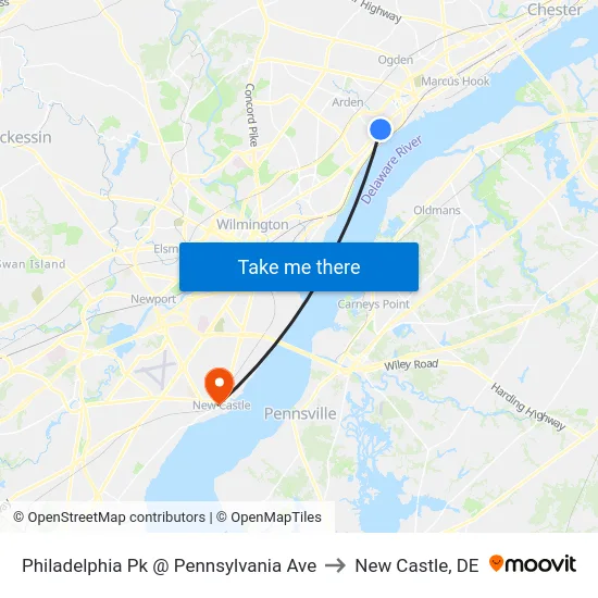 Philadelphia Pk @ Pennsylvania Ave to New Castle, DE map