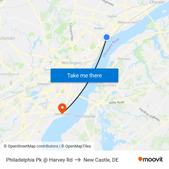 Philadelphia Pk @ Harvey Rd to New Castle, DE map