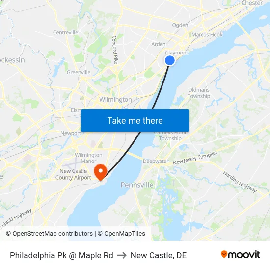 Philadelphia Pk @ Maple Rd to New Castle, DE map