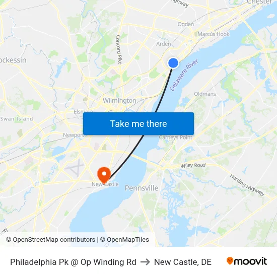 Philadelphia Pk @ Op Winding Rd to New Castle, DE map