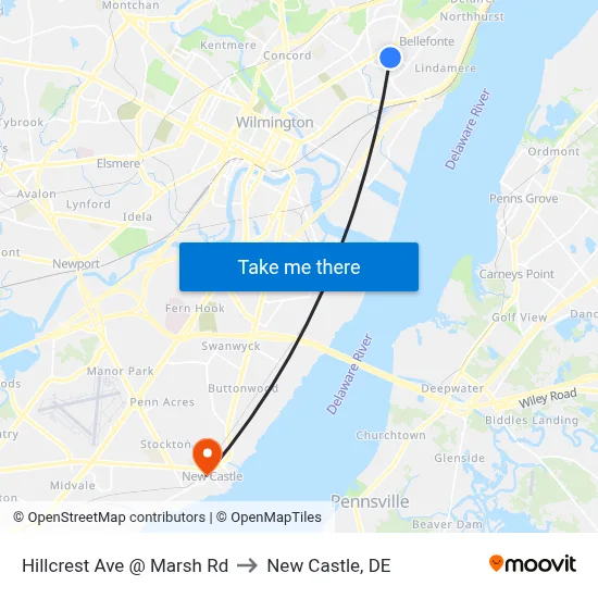 Hillcrest Ave @ Marsh Rd to New Castle, DE map