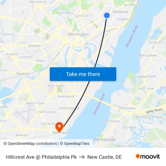 Hillcrest Ave @ Philadelphia Pk to New Castle, DE map