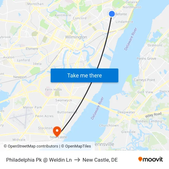 Philadelphia Pk @ Weldin Ln to New Castle, DE map