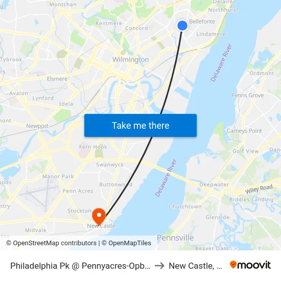 Philadelphia Pk @ Pennyacres-Opbee to New Castle, DE map