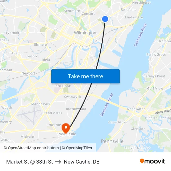 Market St @ 38th St to New Castle, DE map