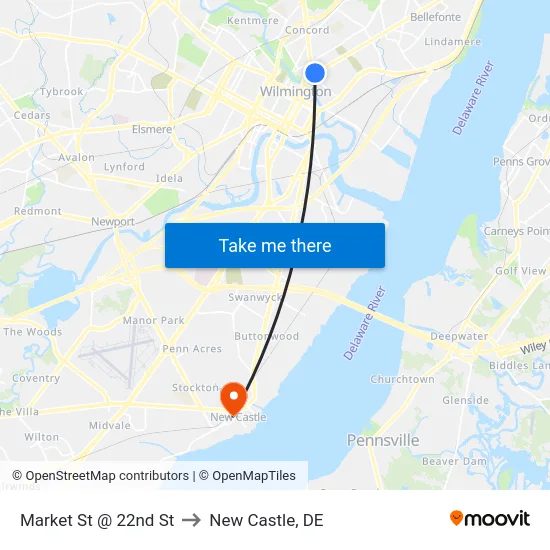 Market St @ 22nd St to New Castle, DE map