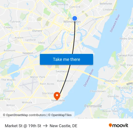 Market St @ 19th St to New Castle, DE map