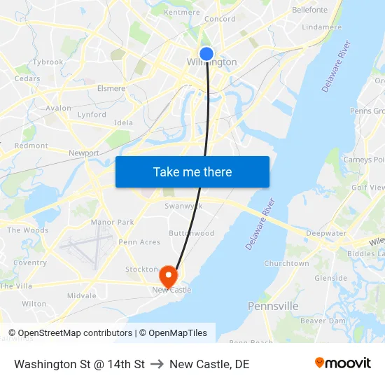 Washington St @ 14th St to New Castle, DE map