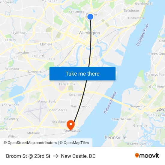 Broom St @ 23rd St to New Castle, DE map