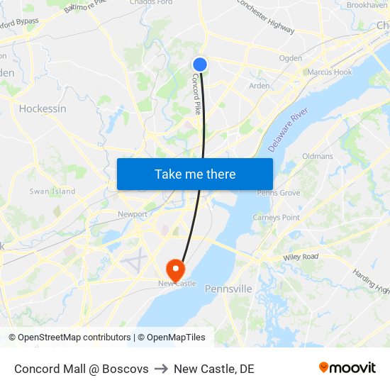 Concord Mall @ Boscovs to New Castle, DE map