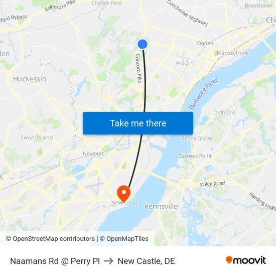 Naamans Rd @ Perry Pl to New Castle, DE map