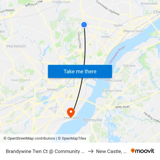 Brandywine Twn Ct @ Community Ctr to New Castle, DE map