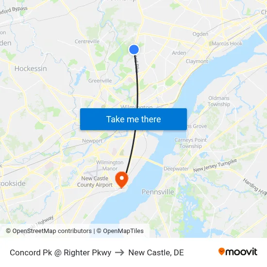 Concord Pk @ Righter Pkwy to New Castle, DE map