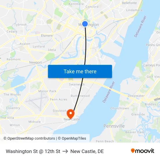 Washington St @ 12th St to New Castle, DE map