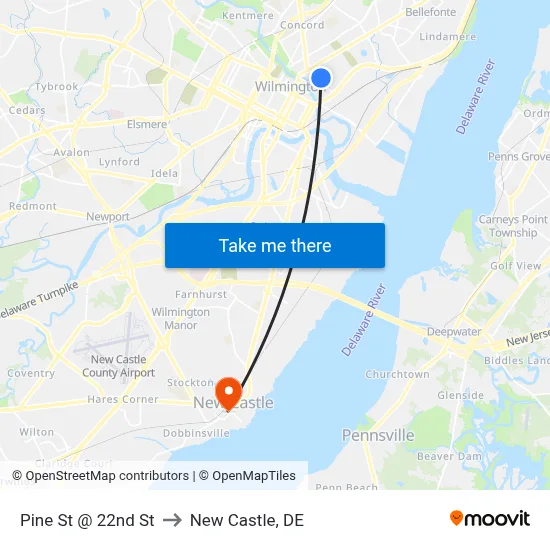 Pine St @ 22nd St to New Castle, DE map