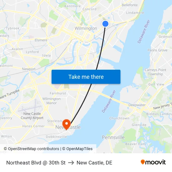 Northeast Blvd @ 30th St to New Castle, DE map