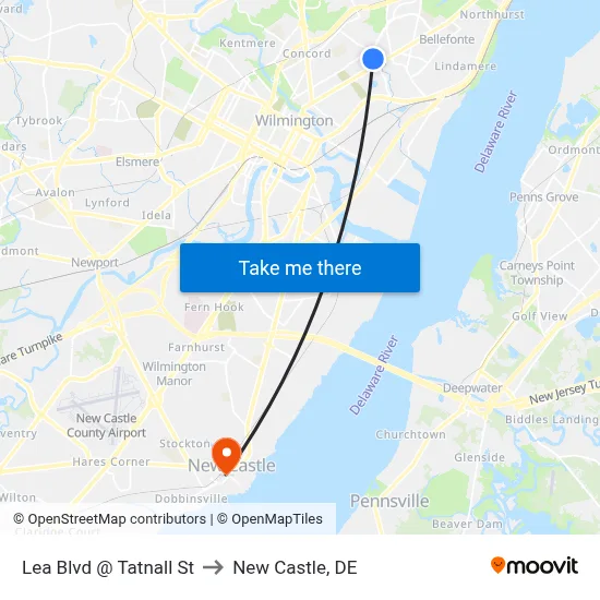 Lea Blvd @ Tatnall St to New Castle, DE map
