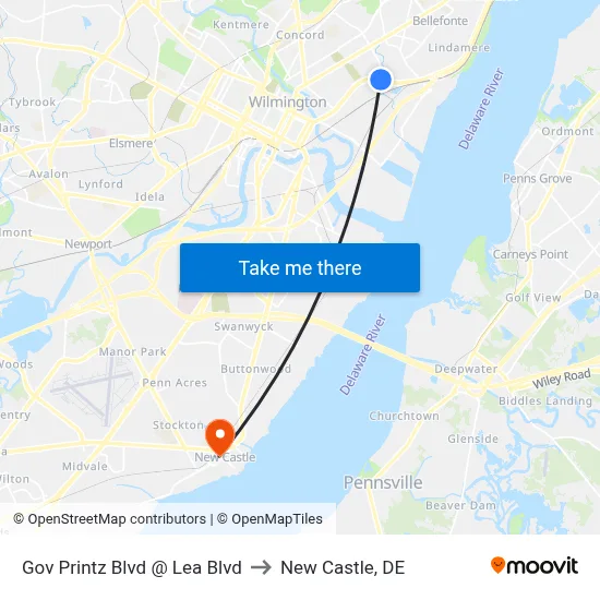 Gov Printz Blvd @ Lea Blvd to New Castle, DE map