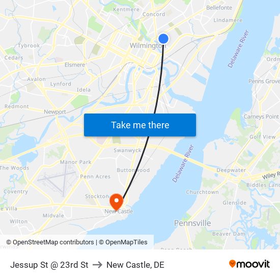 Jessup St @ 23rd St to New Castle, DE map