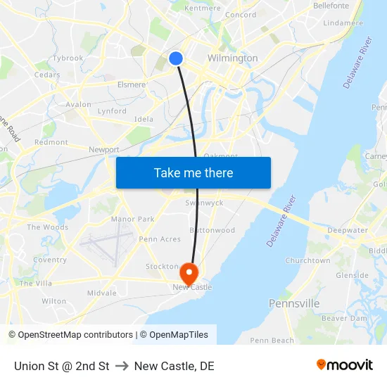 Union St @ 2nd St to New Castle, DE map