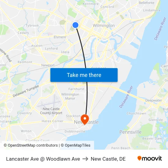 Lancaster Ave @ Woodlawn Ave to New Castle, DE map