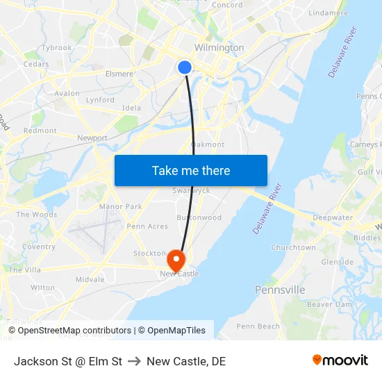 Jackson St @ Elm St to New Castle, DE map