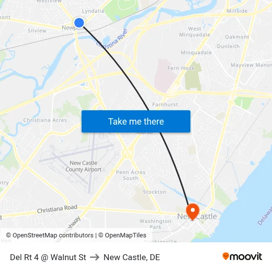 Del Rt 4 @ Walnut St to New Castle, DE map