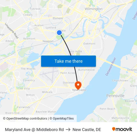 Maryland Ave @ Middleboro Rd to New Castle, DE map