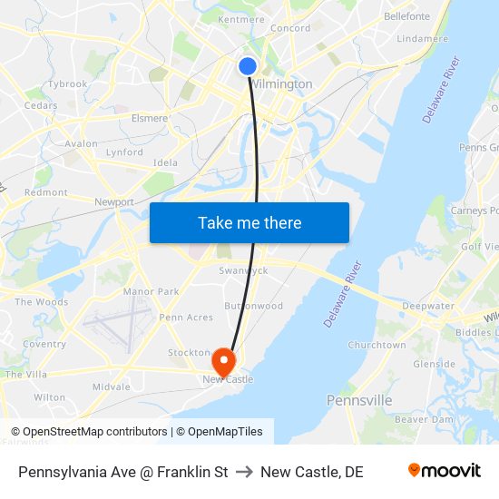 Pennsylvania Ave @ Franklin St to New Castle, DE map