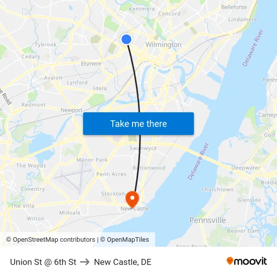 Union St @ 6th St to New Castle, DE map