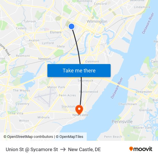 Union St @ Sycamore St to New Castle, DE map