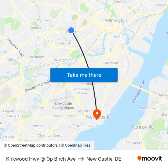 Kirkwood Hwy @ Op Birch Ave to New Castle, DE map