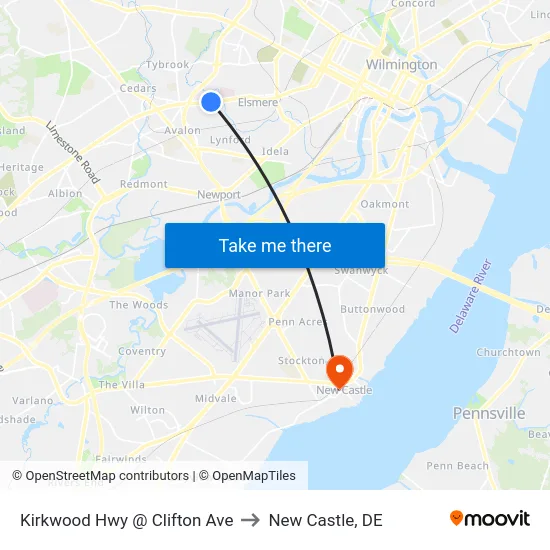 Kirkwood Hwy @ Clifton Ave to New Castle, DE map