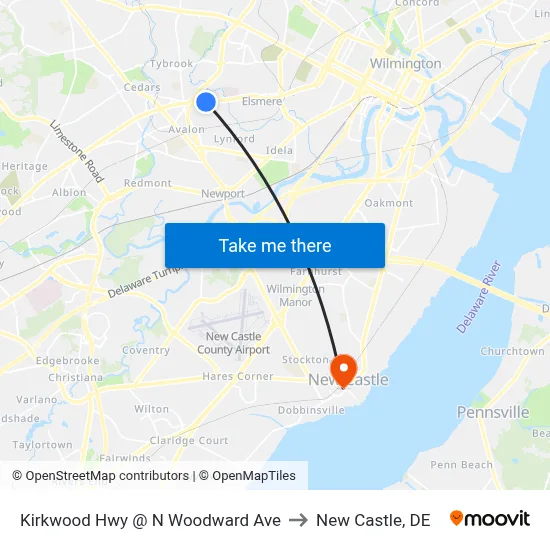 Kirkwood Hwy @ N Woodward Ave to New Castle, DE map