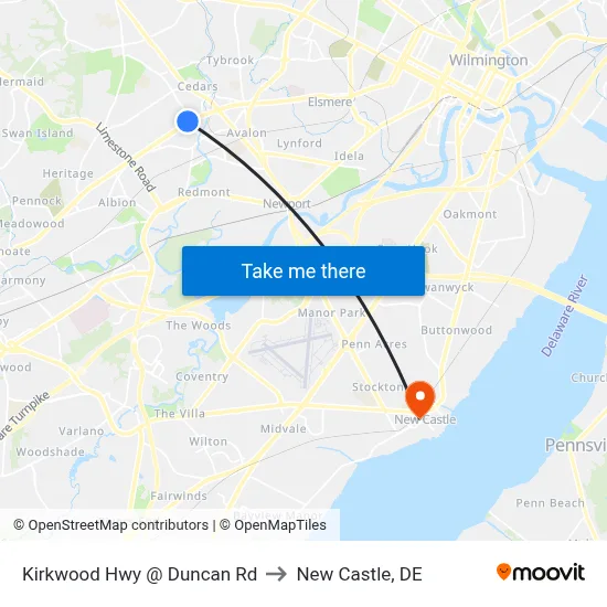 Kirkwood Hwy @ Duncan Rd to New Castle, DE map