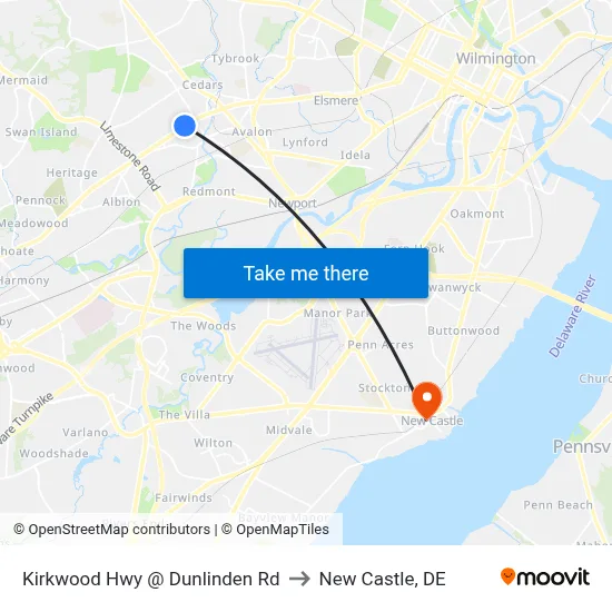 Kirkwood Hwy @ Dunlinden Rd to New Castle, DE map