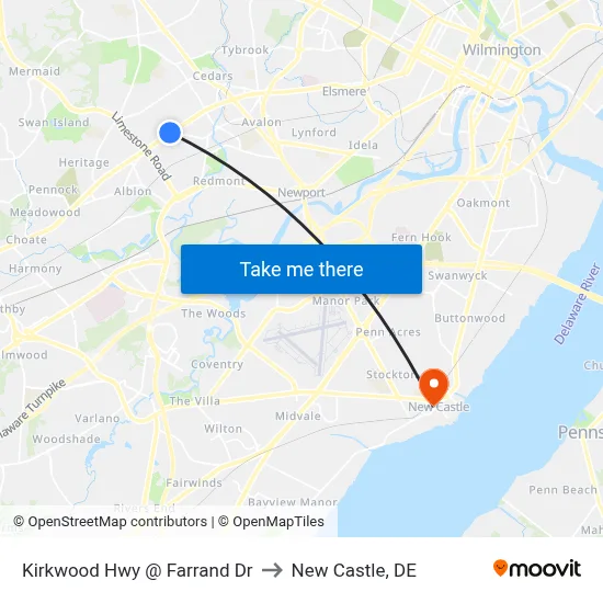 Kirkwood Hwy @ Farrand Dr to New Castle, DE map