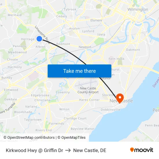 Kirkwood Hwy @ Griffin Dr to New Castle, DE map
