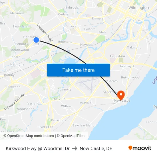 Kirkwood Hwy @ Woodmill Dr to New Castle, DE map