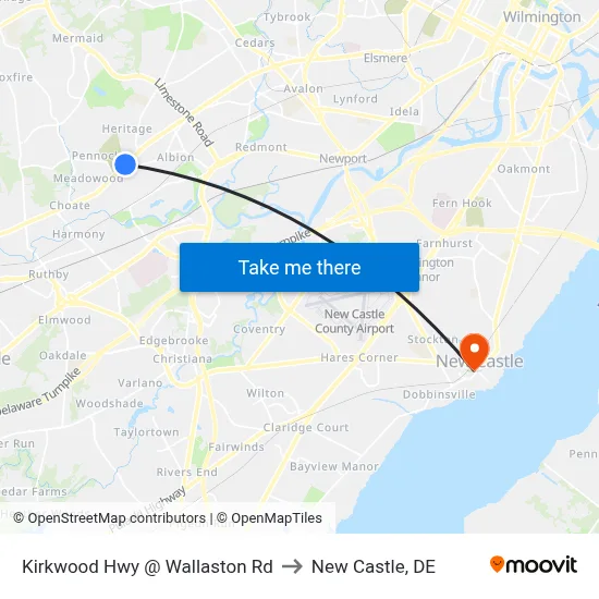 Kirkwood Hwy @ Wallaston Rd to New Castle, DE map