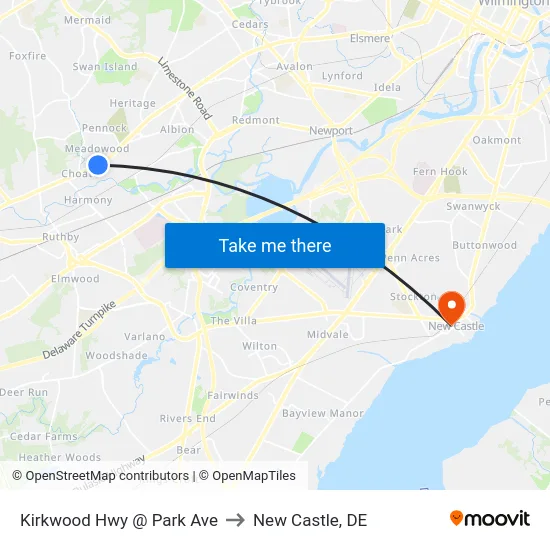 Kirkwood Hwy @ Park Ave to New Castle, DE map
