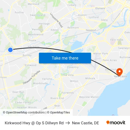 Kirkwood Hwy @ Op S Dillwyn Rd to New Castle, DE map