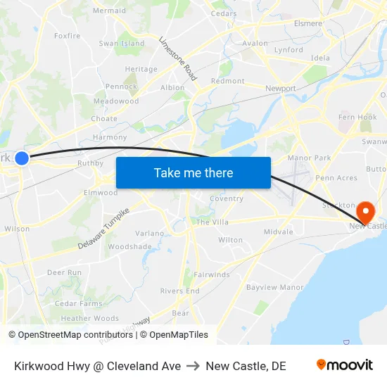 Kirkwood Hwy @ Cleveland Ave to New Castle, DE map