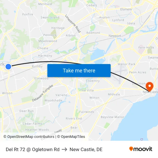 Del Rt 72 @ Ogletown Rd to New Castle, DE map
