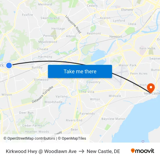 Kirkwood Hwy @ Woodlawn Ave to New Castle, DE map