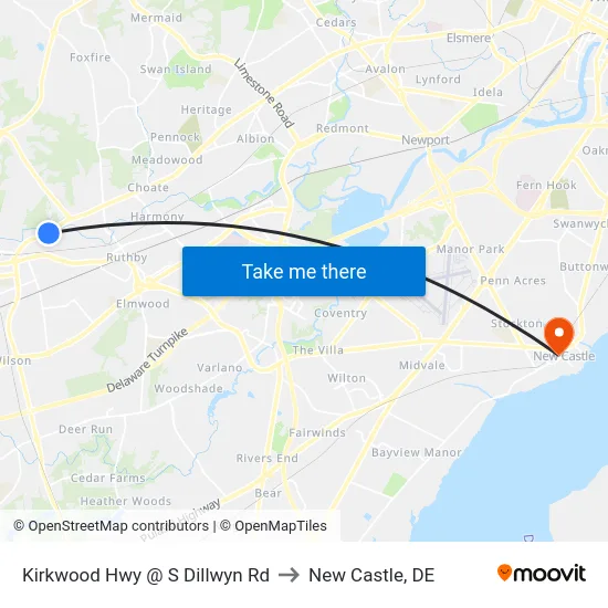 Kirkwood Hwy @ S Dillwyn Rd to New Castle, DE map