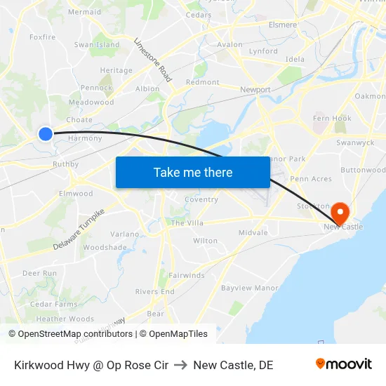 Kirkwood Hwy @ Op Rose Cir to New Castle, DE map