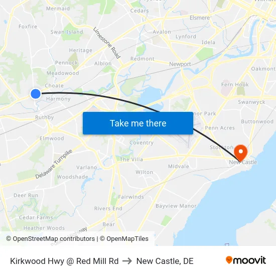 Kirkwood Hwy @ Red Mill Rd to New Castle, DE map